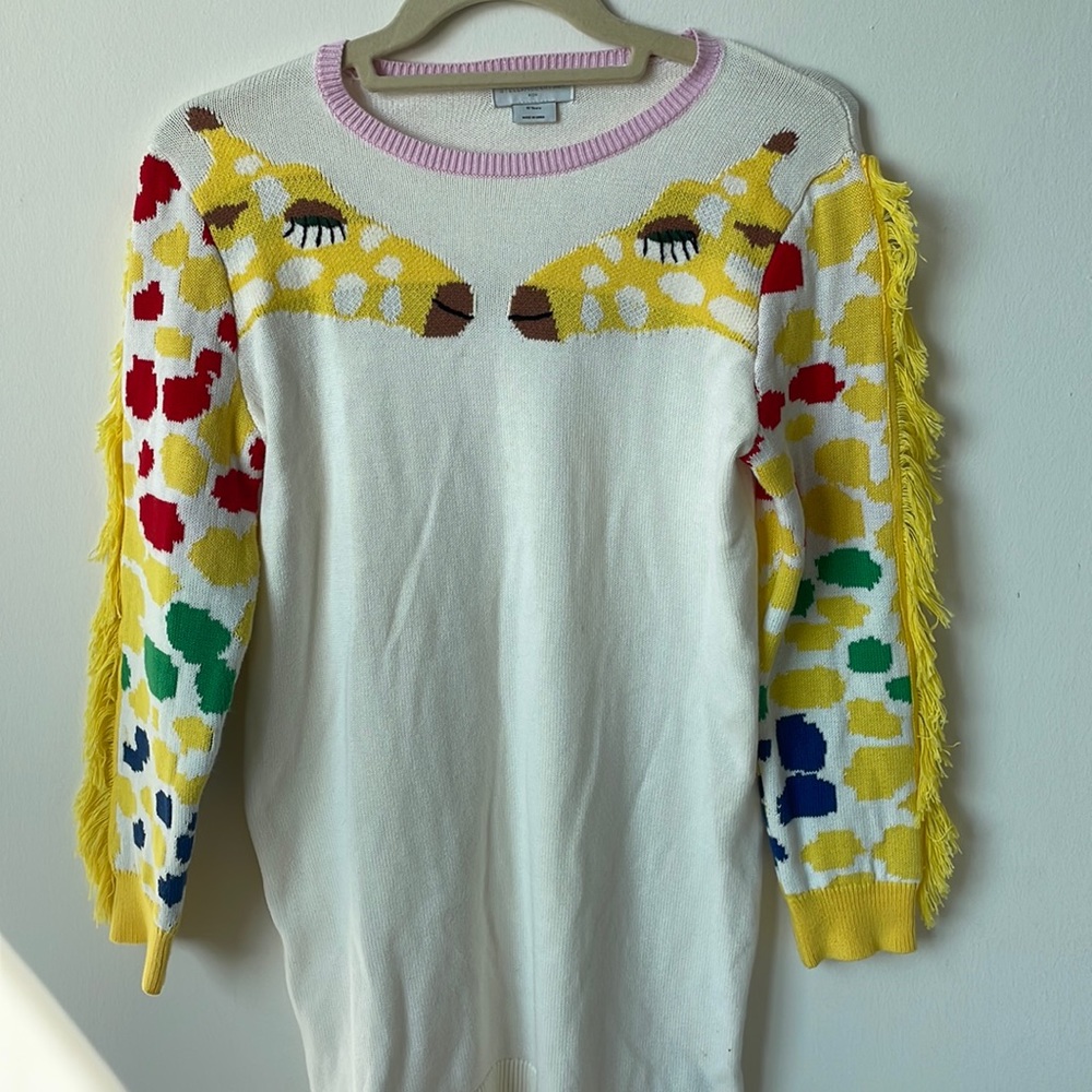 Stella McCartney multi colored, fringed, giraffe sleeve long sweater.